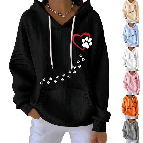 JTZGDY Cute Dog Paw Heart Print Sweatshirts for Women Lightweight Casual Drawstring V Neck Long Sleeve Hooded Pullover Tops Loose Fit Oversized Hoodie Top with Pockets Orange L