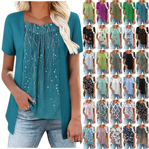JTZGDY Cute Floral Print Summer Flowy Tunic Tops for Women Dressy Casual Short Sleeve Ruched Pleated T-Shirts Sexy V Neck Graphic Fake Two Piece Pullover Blouse Multicolor#20 M