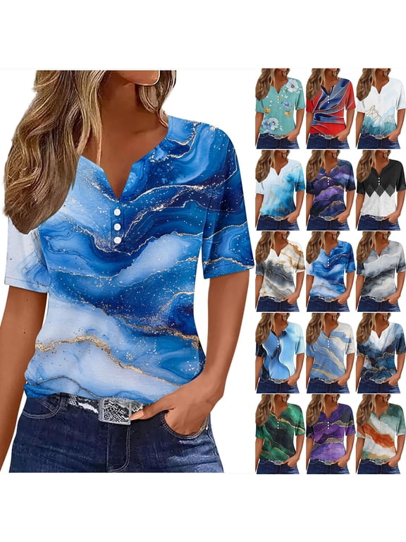 Cute Marble Pattern Print Shirts for Women Dressy Casual Summer Short Sleeve Button Down Henley Tops Trendy Oversized Tunic Blouses Navy M