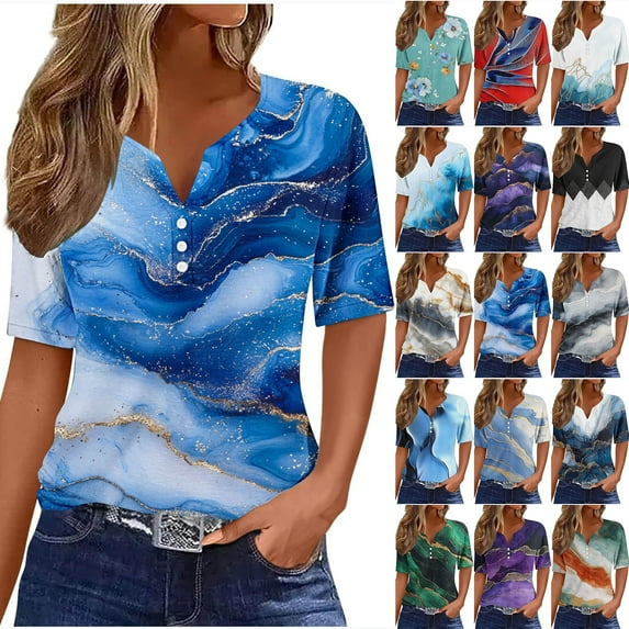 JTZGDY Cute Marble Pattern Print Shirts for Women Dressy Casual Summer Short Sleeve Button Down Henley Tops Trendy Oversized Tunic Blouses Navy XL
