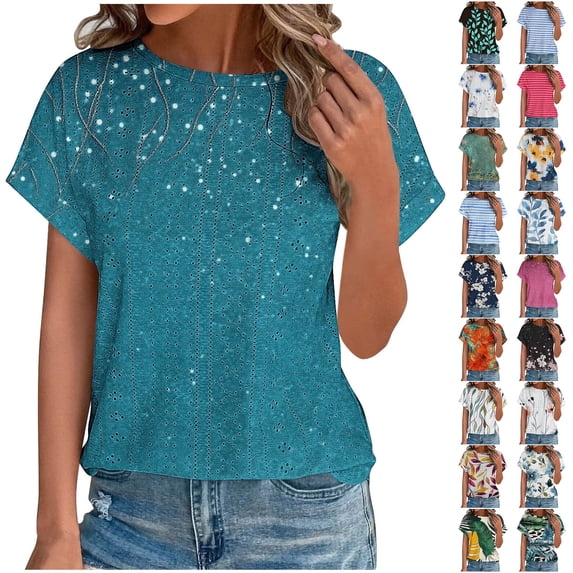 JTZGDY Cute Summer Eyelet Tops for Women Dressy Casual Floral Print Short Sleeve Round Neck Graphic T-Shirts Loose Oversized Comfy Tunic Blouse with Curved Hem Multicolor#14 M