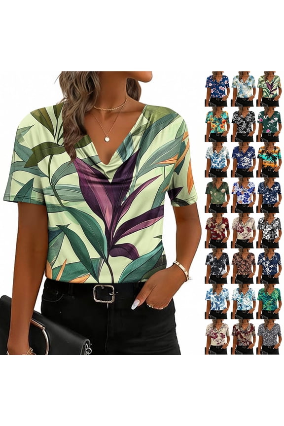 Cute Summer Tops for Women Dressy Casual Floral Pattern Print Short Sleeve Cowl Neck Graphic T-Shirts Loose Fit Cozy Tunic Blouse Brown XXL