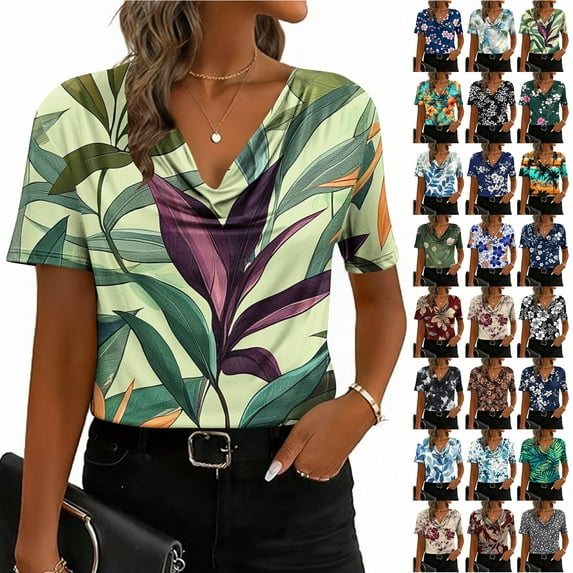 JTZGDY Cute Summer Tops for Women Dressy Casual Floral Pattern Print Short Sleeve Cowl Neck Graphic T-Shirts Loose Fit Cozy Tunic Blouse Khaki XXL