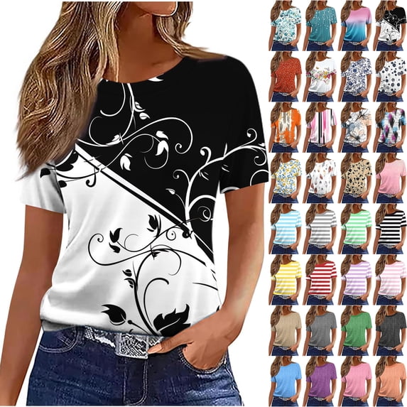 JTZGDY Cute Summer Tops for Women Dressy Casual Floral Printed Short Sleeve Crewneck Graphic T-Shirts Loose Fit Cozy Tunic Blouses A-Red L