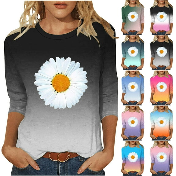 JTZGDY Cute Sunflower Tops for Women Dressy Casual Summer Tie Dye Gradient Printed 3/4 Sleeve Crewneck Graphic T-Shirts Trendy Cozy Tunic Blouse Purple S