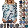 thumbnail image 1 of JTZGDY Cute Women Floral Shirts Dressy Casual Summer 3/4 Length Sleeve Crewneck Basic Tunic Tees Tops Lightweight Cotton Pullover Blouse Fashion Ladies 2025 Outfit Clothes Navy#02 XXL, 1 of 5