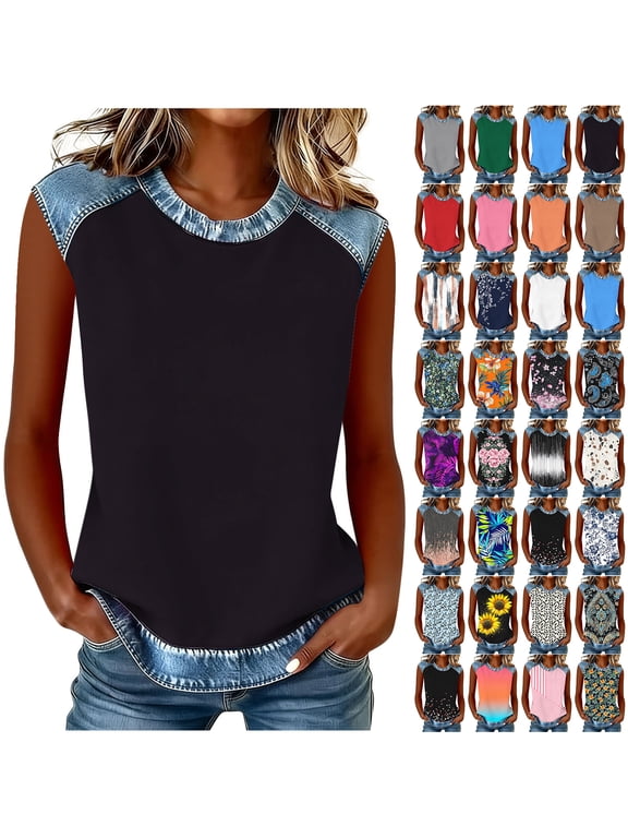 Denim Patchwork Tank Tops for Women Casual Summer Sleeveless Round Neck Basic Solid Color/Floral Printed Cami Jean Shirts Vintage Color Block Tunic Blouses A-Black XL
