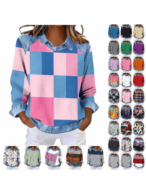 Denim Splicing Shirt Women Lightweight Casual Waffle Knit Patchwork Long Sleeve Jean Collared T-Shirts Vintage Printed Summer Pullover Shirts Cute Summer Holiday Vacation Tops