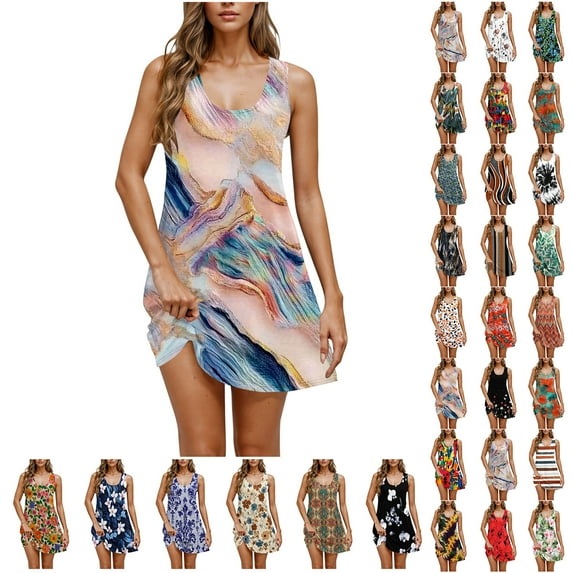 JTZGDY Dresses for Women Girls Cute Summer Floral Pattern Print Sleeveless Scoop Neck Tank Dress Loose Flowy Beach Sundress with Pockets Green#03 L
