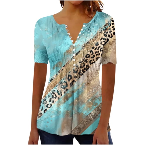 JTZGDY Dressy Tops for Women Trendy Plus Size Boho Floral Print Summer Tunic Shirts Loose Flowy Short Sleeve Button V Neck Ruched Pleated Tshirt Loose Oversized Casual Blouse Multicolor#22 XXXXL