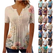 JTZGDY Dressy Tops for Women Trendy Plus Size Boho Floral Print Summer Tunic Shirts Loose Flowy Short Sleeve Button V Neck Ruched Pleated Tunic Tshirt Loose Oversized Casual Blouse Multicolor#16 XXL