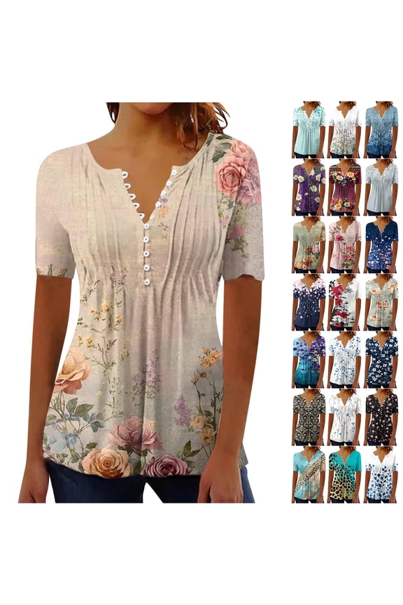 Dressy Tops for Women Trendy Plus Size Boho Floral Print Summer Tunic Shirts Loose Flowy Short Sleeve Button V Neck Ruched Pleated Tunic Tshirt Loose Oversized Casual Blouse Multicolor#09 XL