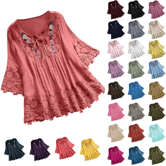 JTZGDY Embroidered Tops for Women Plus Size Vintage Lace Crochet Eyelet Patchwork Bow V-Neck Cotton Linen Tunic Tees Shirts Loose Fit Half Sleeve Cute Boho Floral Mexican T-Shirt A-Gray L