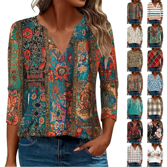 JTZGDY Ethnic Style Shirts for Women Vintage Striped/Color Block/Floral/Plaid Print 3/4 Sleeve V Neck Graphic T-Shirts Trendy Oversized Western Tunic Blouse White S
