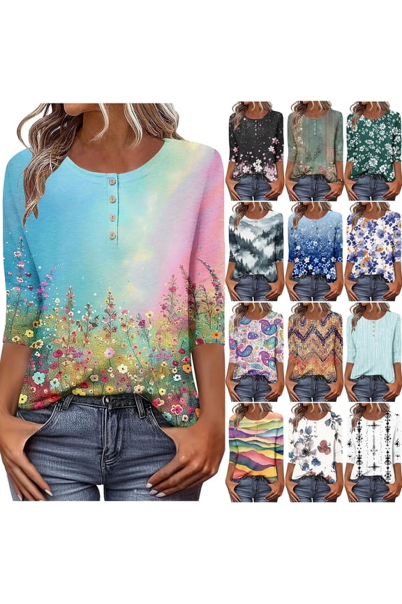 Fall 3/4 Sleeve Tops for Women Vintage Floral Paisley Print Button Neckline Tees Shirts Trendy Ladies Blouses Dressy Casual Outfit Clothes 2025 Mint Green L