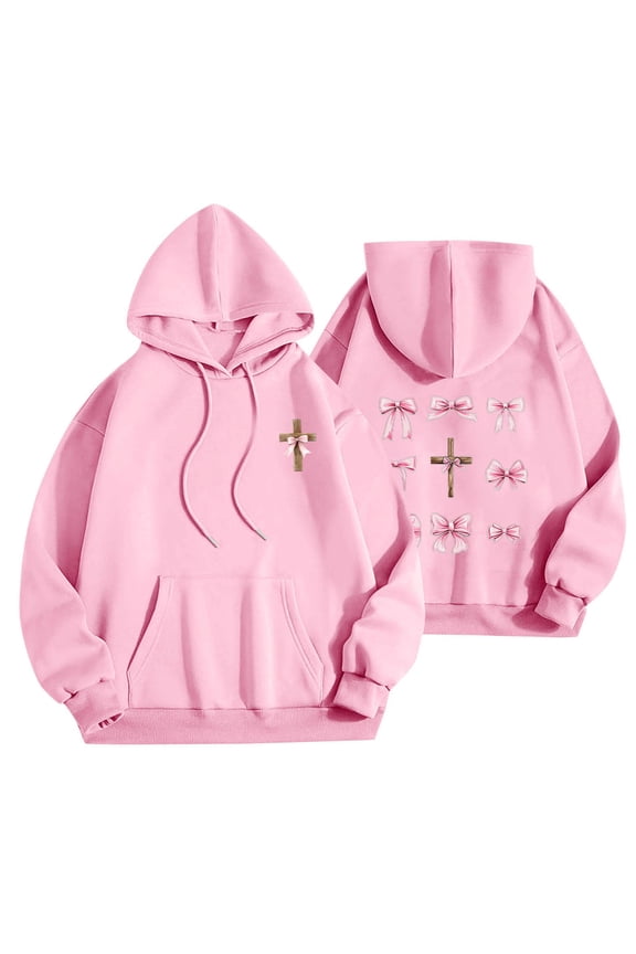 Fall Hoodies for Women Lightweight Casual Pink Ribbon Cross Printed Long Sleeve Drawstring Hooded Pullover Sweatshirts Loose Comfy Y2K Preppy Outfit Clothes 2025 Pink M