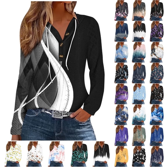 JTZGDY Fall Womens Eyelet T-Shirts Casual Drawstring Button V Neck Crochet Hollow out Long Sleeve Hooded Pullover Tops Boho Floral Printed Graphic Hoodie Shirts White#01 XL