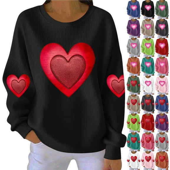 JTZGDY Fashion 2026 Valentines Day Shirts for Women Lightweight Casual Heart Pattern Print Long Sleeve Crew Neck Basic Ribbed Knit Pullover Tops Trendy Holiday Outfits A-Orange S