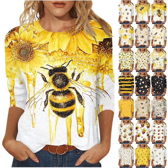 JTZGDY Fashion 3/4 Length Sleeve Crewneck T-Shirts for Women Cute Bee Printed Summer Tunic Tops Loose Oversized Graphic Holiday Gift Tees Blouse Yellow#11 M