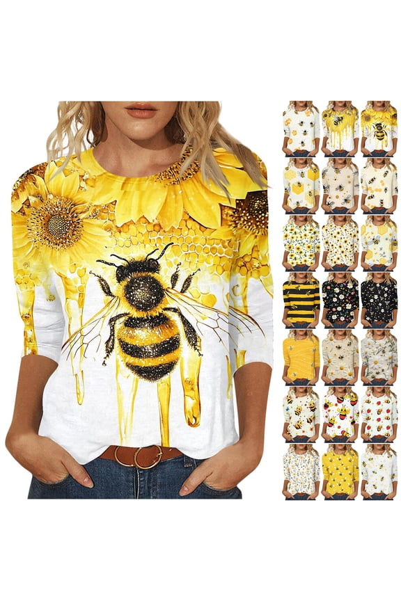 Fashion 3/4 Length Sleeve Crewneck T-Shirts for Women Cute Bee Printed Summer Tunic Tops Loose Oversized Graphic Holiday Gift Tees Blouse Yellow#12 XXL