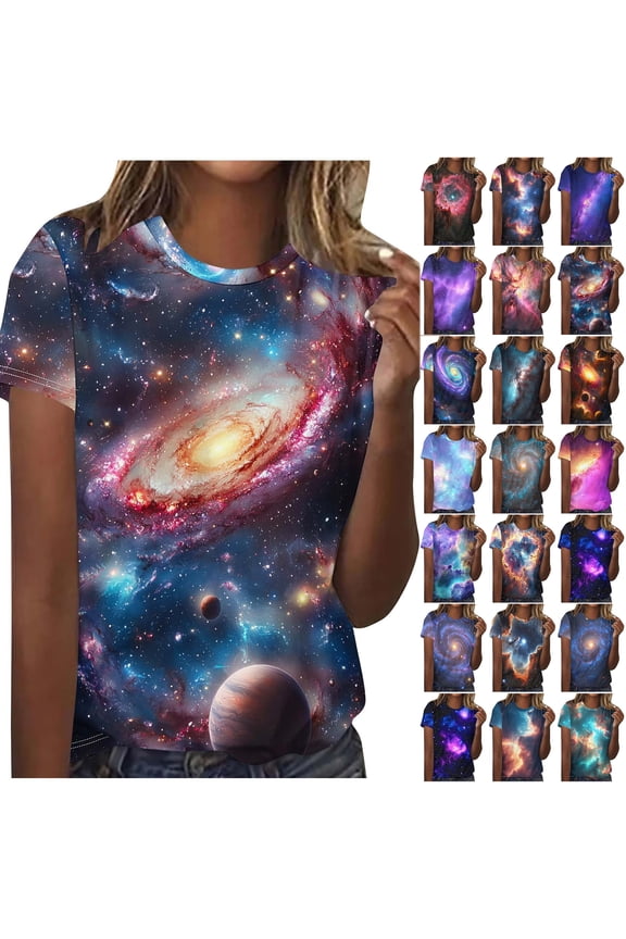 Fashion 3D Tie Dye Galaxy Space T-Shirts for Women Cute Summer Short Sleeve Basic Crewneck Petite Tops Trendy Novelty Graphic Tees Blouse Blue#02 L