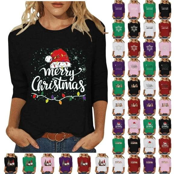 JTZGDY Fashion Christmas Tops for Women Dressy Casual 3/4 Length Sleeve Xmas Tree Pattern Graphic Holiday Gift Tunic Tees Shirt Loose Oversized Crewneck Pullover Blouse Multicolor#01 XXL
