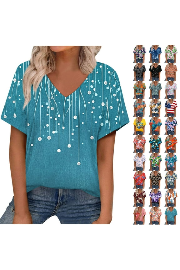 Fashion Oversized T-Shirts for Women Dressy Casual Vintage Floral Printed Summer Short Sleeve V Neck Graphic Tees Lightweight Soft Cotton Pullover Tops Purple L