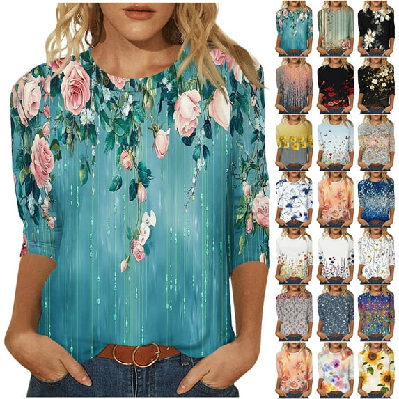 JTZGDY Fashion T-Shirts for Women Vintage Floral Printed Summer 3/4 Length Sleeve Crewneck Graphic Tees Tops Loose Lightweight Dressy Tunic Blouse Black#01 M