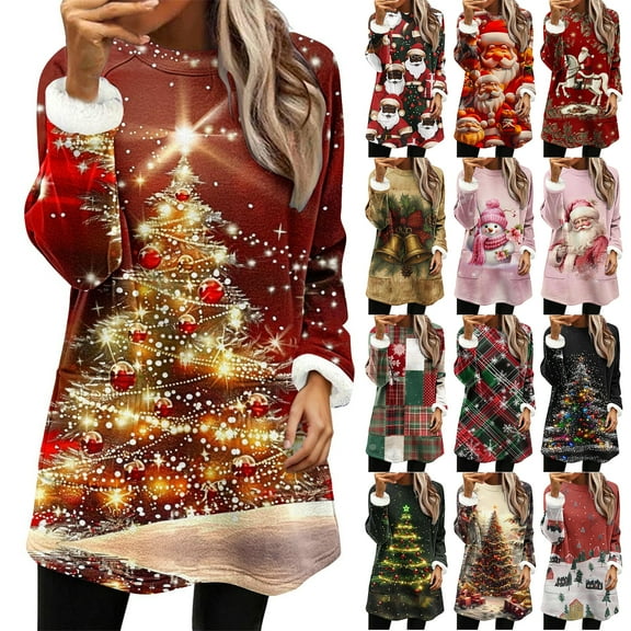 JTZGDY Fashion Womens Christmas Tunic Tops Funny 3D Sparkly Xmas Tree/Santa Claus Print Fuzzy Patchwork Long Sleeve Crewneck Graphic T-Shirts Holiday Outfit with Pockets Multicolor#02 XL