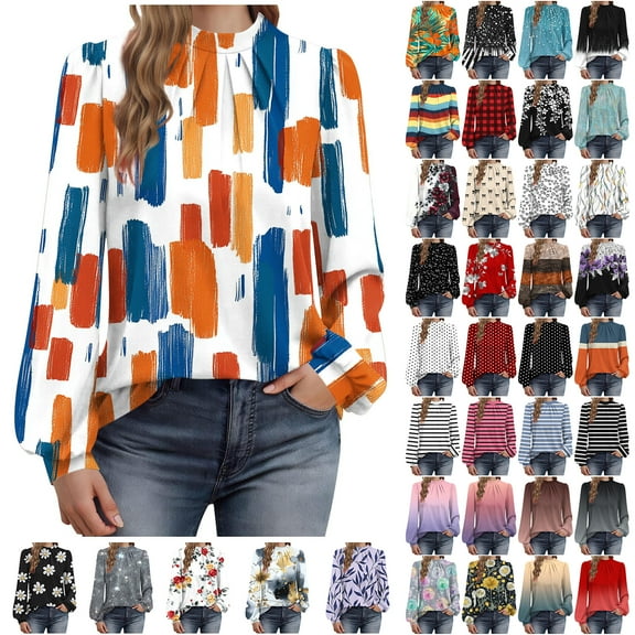 JTZGDY Fashion Womens Puff Long Sleeve Shirts Dressy Casual Fall Spring Mock Neck Ruched Pleated Front Tunic Blouse Loose Fit Graphic T-Shirts Trendy Smocked Cuffs Tops Red#03 M