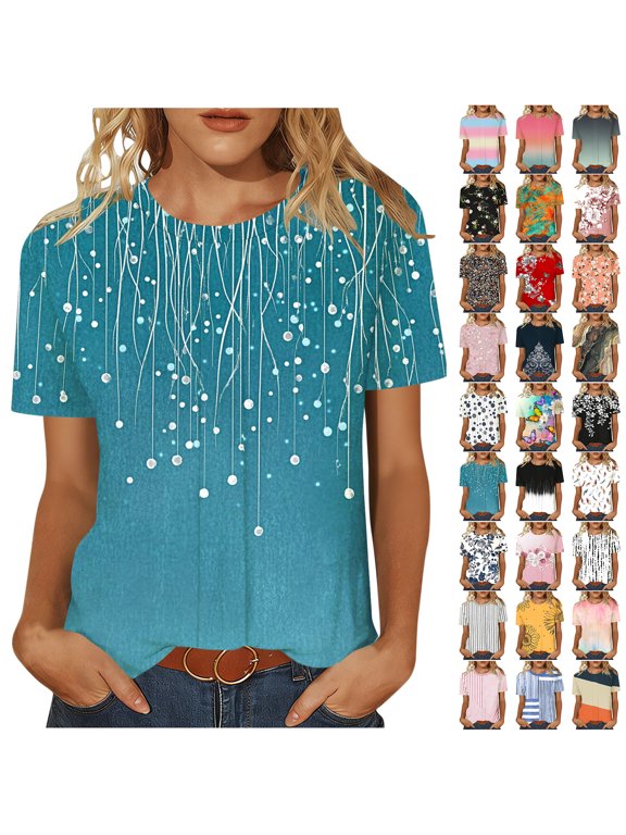 Fashion Womens T-Shirts Trendy Oversized Casual Summer Short Sleeve Ruched Pleated Crewneck Tunic Blouse Cute Tie Dye/Floral Pattern Graphic Tees Shirt Tops Khaki L