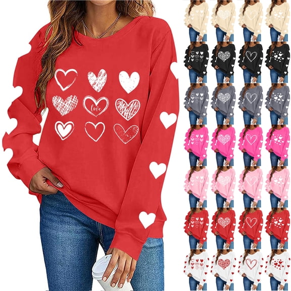 JTZGDY Fashion Womens Valentine Sweatshirts Long Sleeve Cute Heart Pattern Print Crew Neck Pullover Tops Trendy Holiday Love Tops Loose Fit Casual Graphic T-Shirts D-White S