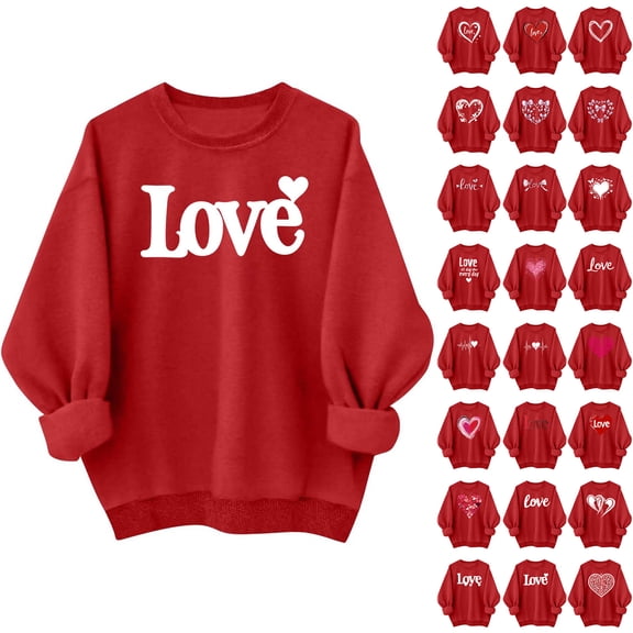 JTZGDY Fashion Womens Valentines Day Red Heart Tops Trendy Oversized Crew Neck Long Sleeve Graphic Holiday Tees Shirt Lightweight Casual Pullover Sweatshirts Red#14 XS