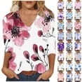 thumbnail image 1 of JTZGDY Floral Shirts for Women Dressy Casual Summer 3/4 Length Sleeve V Neck Graphic T-Shirts Trendy Oversized Comfy Tunic Blouse Fashion 2025 Clothes Multicolor#12 M, 1 of 5