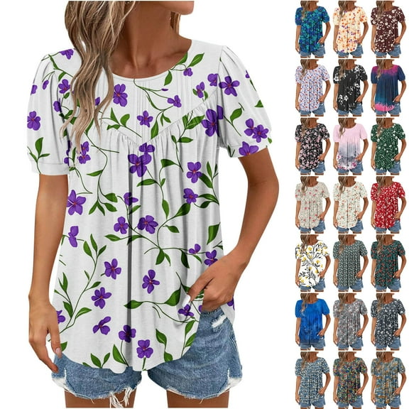JTZGDY Floral Shirts for Women Elegant Summer Puff Short Sleeve Graphic T-Shirts Loose Fit Dressy Casual Tunic Blouse Trendy Flowy Ruched Pleated Tees Shirt Tops Black#01 XXL