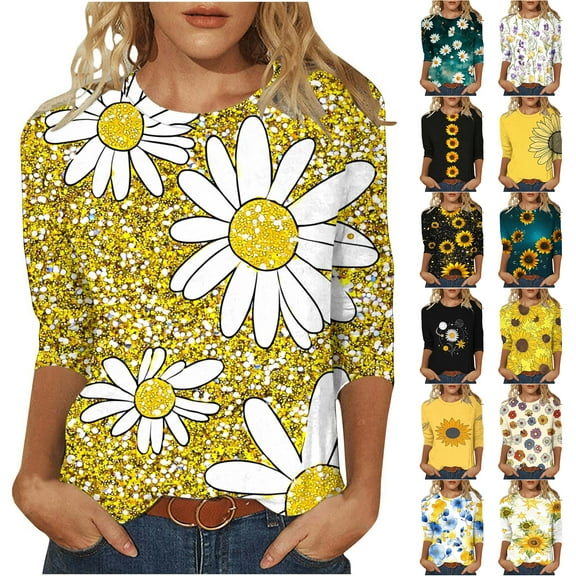 JTZGDY Floral Shirts for Women Plus Size 3/4 Lenght Sleeve Crewneck Graphic T-Shirts Trendy Oversized Basic Summer Tunic Blouse for Leggings Yellow#03 XXXXXL