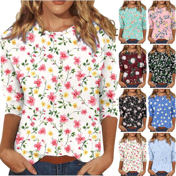 JTZGDY Floral Shirts for Women Dressy Casual Summer 3/4 Lenght Sleeve Round Neck Graphic T-Shirts Tops Loose Fit Comfy Tunic Blouse Light Blue S
