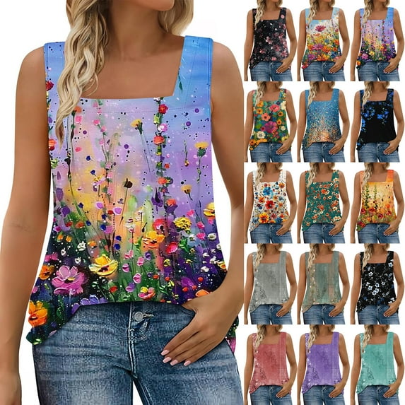 JTZGDY Floral Tank Tops for Women Loose Flowy Casual Graphic Summer Sleeveless Square Neck Tunic T-Shirts Trendy Western T-Shirts Green M