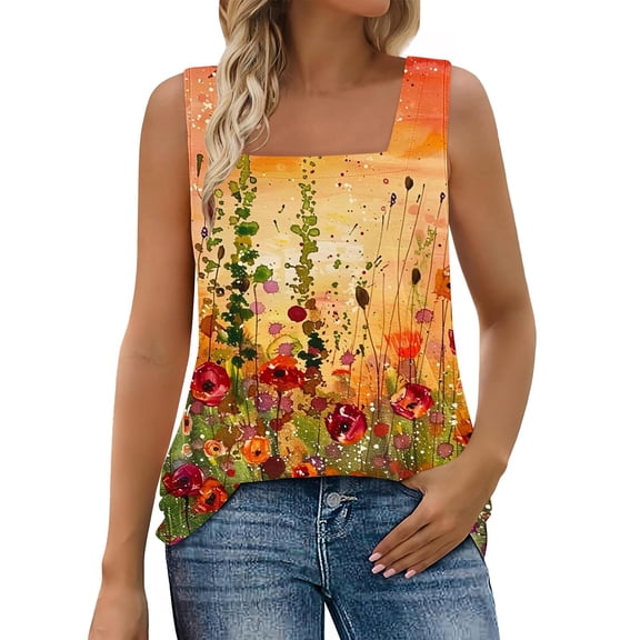 JTZGDY Floral Tank Tops for Women Loose Flowy Casual Graphic Summer Sleeveless Square Neck Tunic T-Shirts Trendy Western T-Shirts Multicolor#09 S