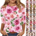 thumbnail image 1 of JTZGDY Floral Tops for Women Dressy Casual 3/4 Length Sleeve Crewneck Basic Tees Retro Print Summer Graphic Tunic Blouse Business Work T-Shirts for Leggings Multicolor#08 XL, 1 of 6
