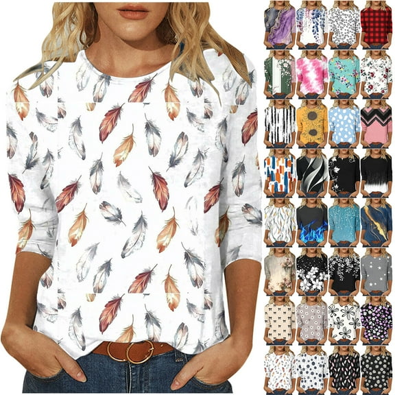 JTZGDY Floral Tops for Women Dressy Casual Fall Spring 3/4 Length Sleeve Crewneck Graphic Tunic Tees Shirt Loose Oversized Comfy Pullover Blouses Black#01 S