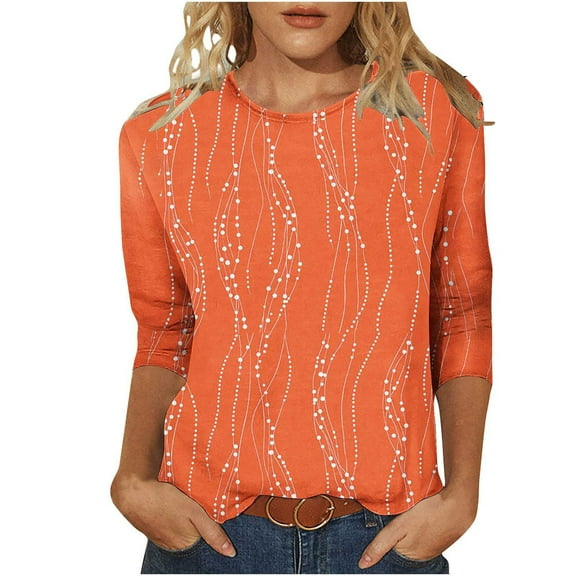 JTZGDY Floral Tops for Women Loose Fit Casual Fall 3/4 Lenght Sleeve Crewneck Graphic Tunic T-Shirts Lightweight Dressy Pullover Blouse Orange XL