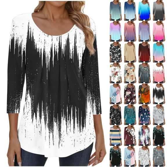 JTZGDY Flowy Tunic Shirts for Women Dressy Casual Floral/Tie Dye Gradient/Color Block Print Ruched Pleated 3/4 Sleeve Crew Neck Pullover Tops Trendy Cozy Blouses Green M