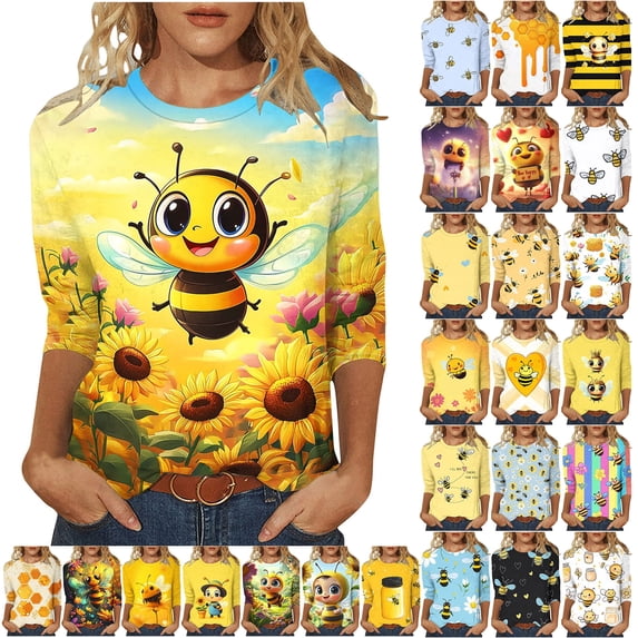 JTZGDY Funny Bee Shirts for Women Loose Fit Casual Summer 3/4 Lenght Sleeve Crewneck Tunic Blouse Trendy Oversized Dressy Pullover Tops Yellow#11 XXXL