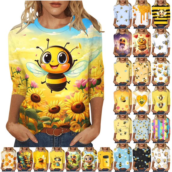 JTZGDY Funny Bee Shirts for Women Loose Fit Casual Summer 3/4 Lenght Sleeve Crewneck Tunic Blouse Trendy Oversized Dressy Pullover Tops Yellow#10 XL