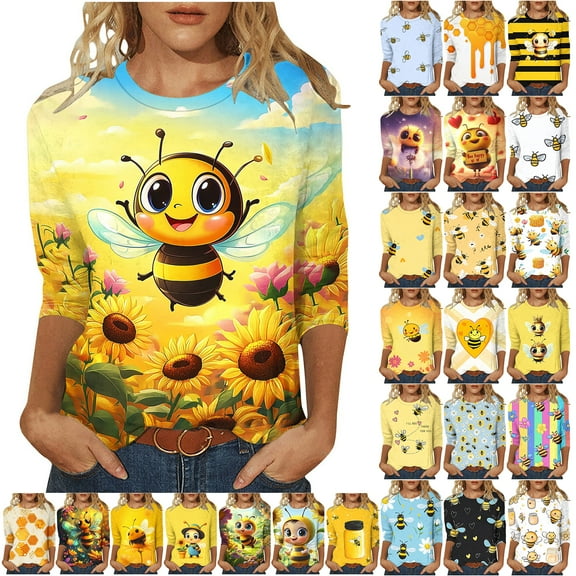 JTZGDY Funny Bee Shirts for Women Loose Fit Casual Summer 3/4 Lenght Sleeve Crewneck Tunic Blouse Trendy Oversized Dressy Pullover Tops Yellow#14 S