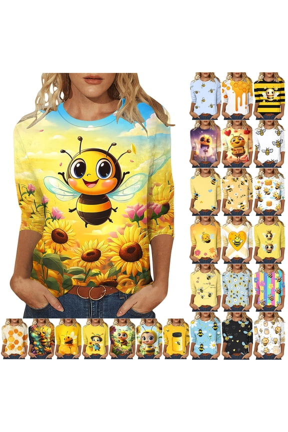 Funny Bee Shirts for Women Loose Fit Casual Summer 3/4 Lenght Sleeve Crewneck Tunic Blouse Trendy Oversized Dressy Pullover Tops Yellow#15 XL