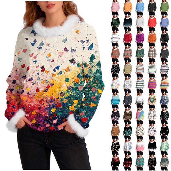 JTZGDY Fuzzy Trim Sweatshirts for Women Lightweight Casual Winter Warm Long Sleeve Striped/Color Block/Plaid/Floral Printed Crewneck Pullover Tops Loose Oversied Graphic T-Shirts Khaki#02 M