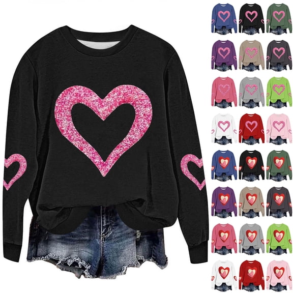 JTZGDY Gillter Heart Print Long Sleeve Shirts for Women Plus Size Valentines Day Pullover Sweatshirts Loose Oversized Casual Holiday Pattern Graphic Tees Tops B-Purple XL