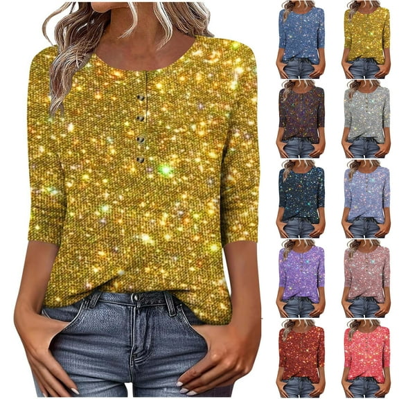 JTZGDY Glitter Tops for Women Fashion 2026 Fall Spring 3/4 Lenght Sleeve Button Neckline Henley Shirts Trendy Slim Fit Basic Ribbed Knit Tunic Blouse Red M